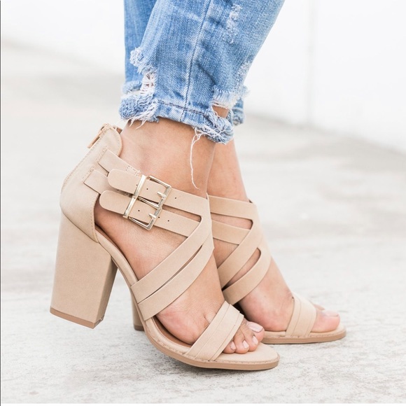 Double Buckle Tan Strappy Heels - Picture 2 of 3